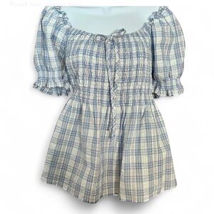 BLU PEPPER Blue & White Plaid Flouncy Blouse 1XL Short Sleeves W/Ruffle Hem NWT